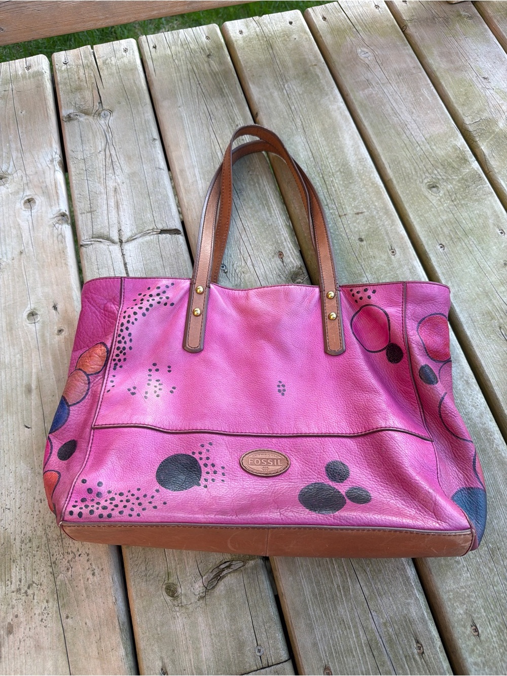 Fossil Pink Leather Tote Bag Hand Painted Art Large Shoulder Purse Boho
